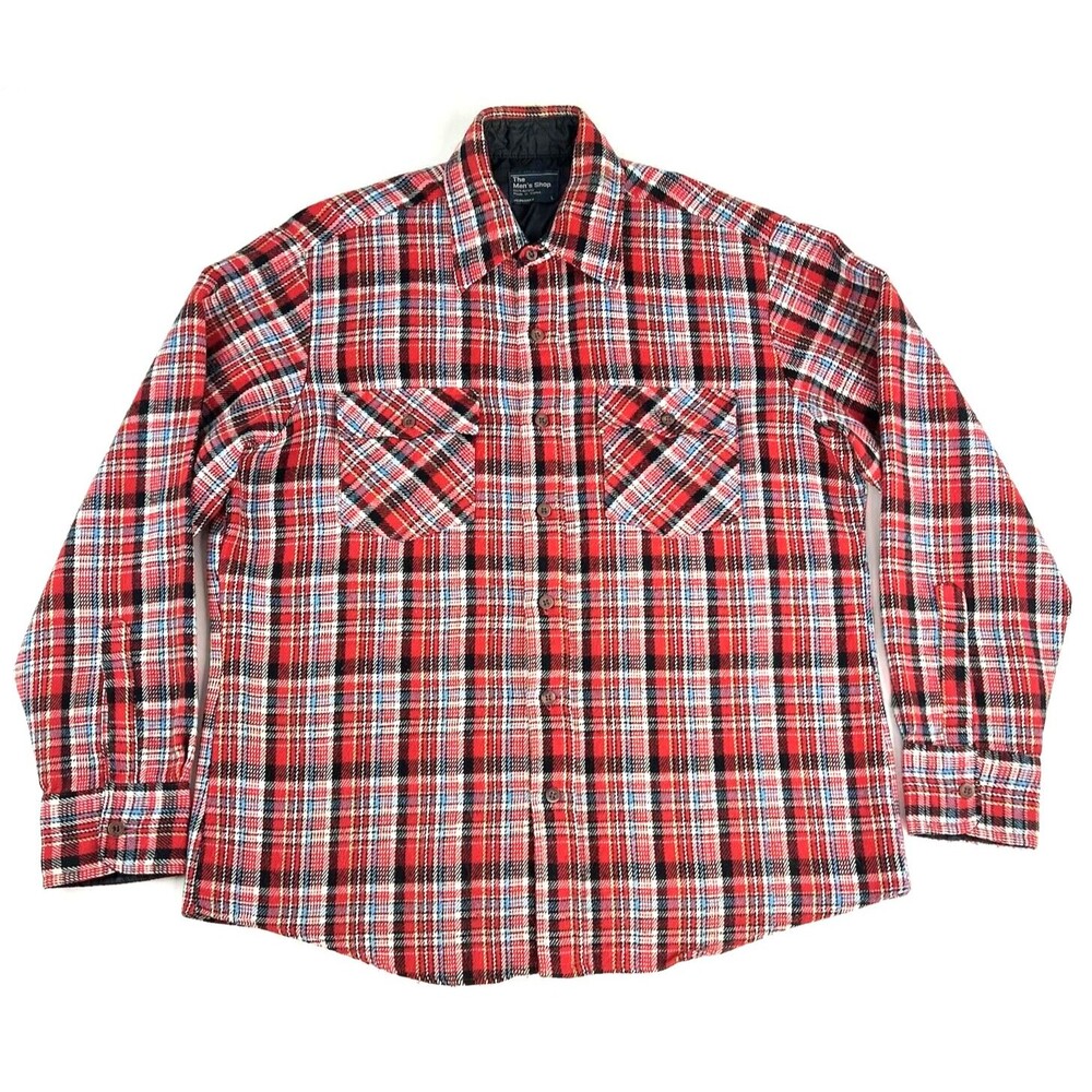 Vintage JC Penney The Mens Shop L Flannel Shirt Plaid Button Up Red White Blue